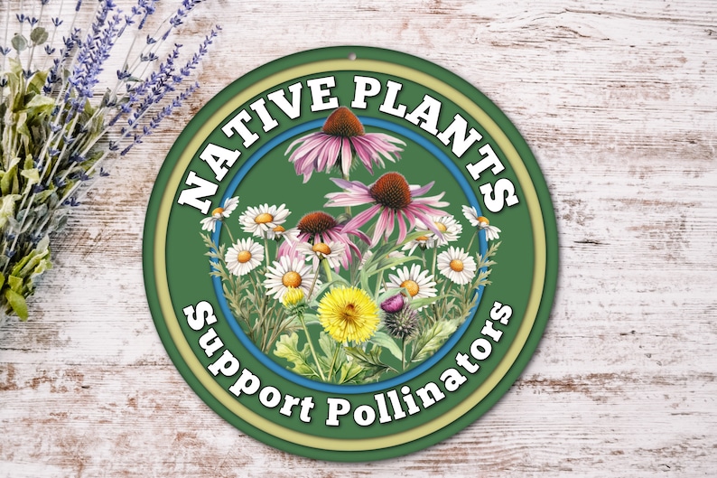 Puede incluir: Un letrero redondo verde con el texto "NATIVE PLANTS Support Pollinators" en letras blancas. El letrero presenta una ilustraci&oacute;n colorida de varias flores, incluyendo equin&aacute;ceas moradas, margaritas blancas y dientes de le&oacute;n amarillos.