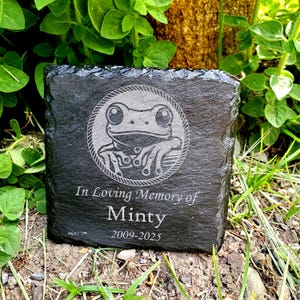 May include: Black slate memorial stone with a frog engraved in a circle. The text reads "In Loving Memory of Minty 2009-2025".