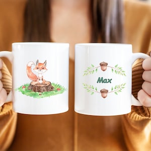 Kids Personalized Fox Mug | Cute Woodland Animal Mug for Boys and Girls | Hot Chocolate Mug | 11 oz Ceramic Hot Cocoa Coffee Cup