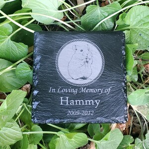 May include: A black slate memorial stone with a hamster illustration inside a circular border. The text "In Loving Memory of Hammy 2009-2012" is engraved below the image. The stone is surrounded by green foliage.