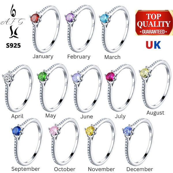 UK Genuine Pure Sterling Silver S925 AFG Rings Beaded 12 Months Birthstone Ring Gemstone Charm Collection Gift Free Bag Pouch