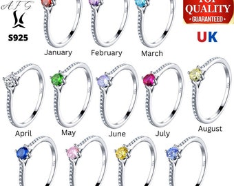 UK Genuine Pure Sterling Silver S925 AFG Rings Beaded 12 Months Birthstone Ring Gemstone Charm Collection Gift Free Bag Pouch