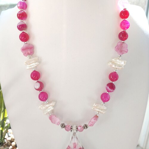 Pink Floral Teardrop, Freshwater Pearls 3 Pc. Jewelry Set... Hot Pink Glass Pendant, Sterling Silver, Pink Agate... You get all 3 shops pieces!