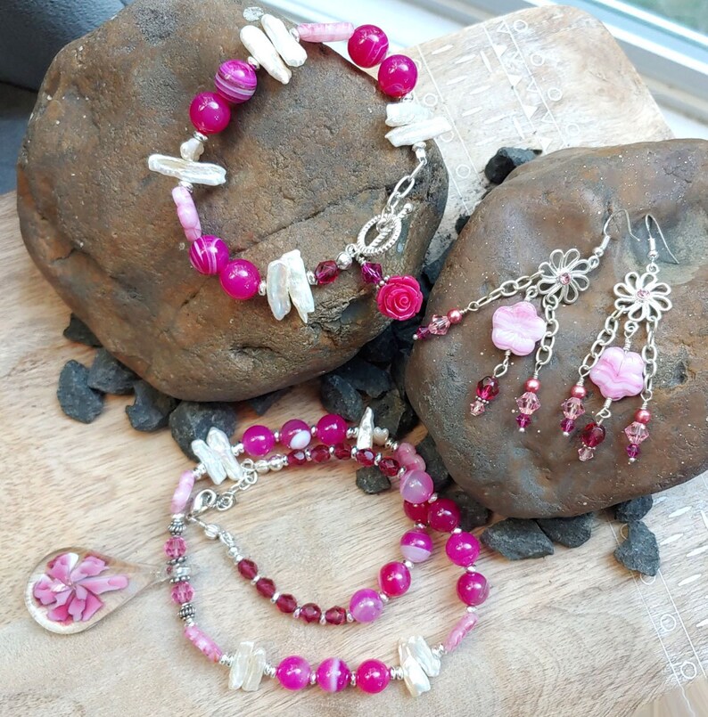 Pink Floral Teardrop, Freshwater Pearls 3 Pc. Jewelry Set... Hot Pink Glass Pendant, Sterling Silver, Pink Agate... You get all 3 shops pieces!