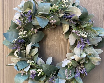 Lamb’s Ear & Eucalyptus Spring Wreath for Front Door, Cottage Wreath with White Baby’s Breath Floral Wall Decor, Shabby Chic, Gift for Mom