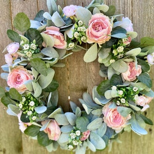 Year Round Lambs Ear Wreath for Front Door, Spring Lamb’s Ear and Floral Wreath, Rose and Persian Buttercup Blossoms Wreath, Easter Wreath,