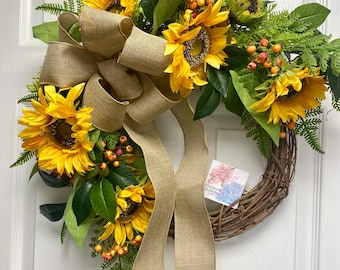 Sunflower Wreath for Front Door, Farmhouse Summer Decor, Modern Cottage Decor, Yellow Sunflowers Porch Wreath, Housewarming Gift, Wedding.
