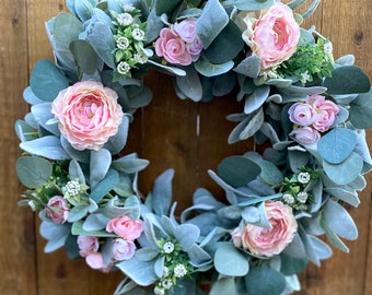 Year Round Lambs Ear Wreath for Front Door, Spring Lamb’s Ear and Floral Wreath, Rose and Persian Buttercup Blossoms Wreath, Easter Wreath,