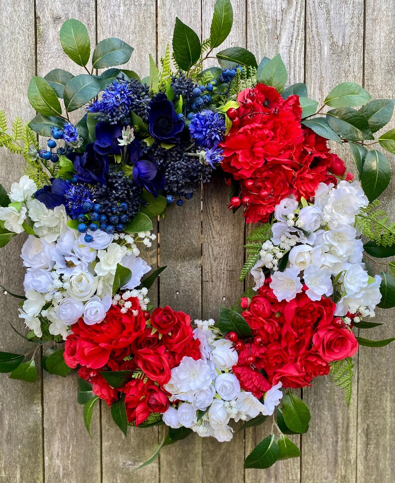 Patriotic Summer Wreath for Front Door, Flag Wreath, Red White & Blue ...
