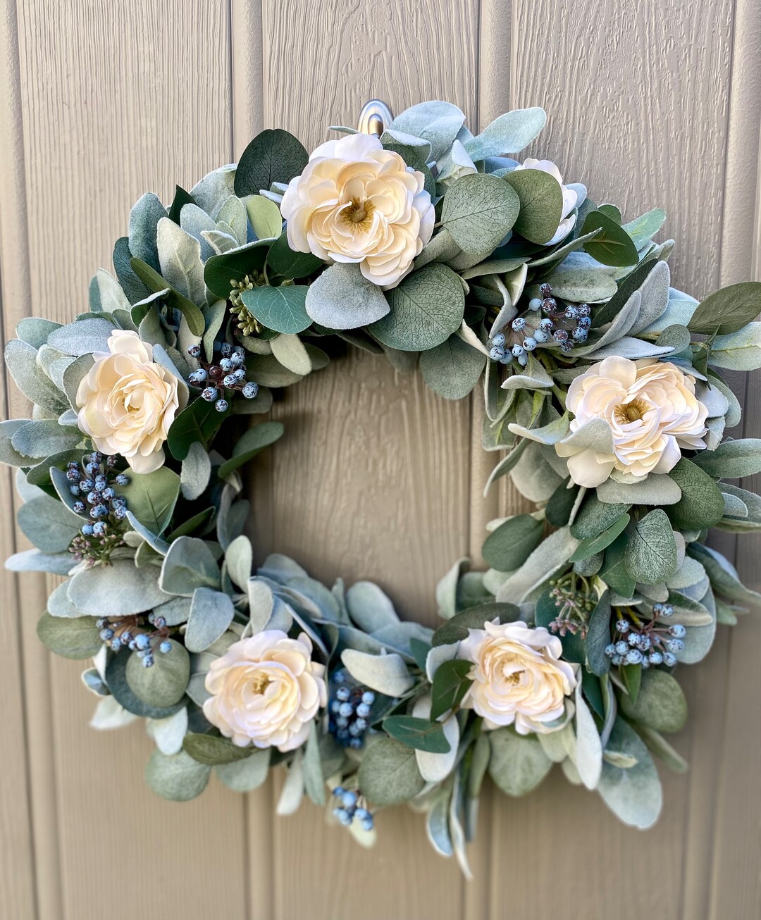 Spring Lambs Ear Wreath With Cream Ranunculus and Berries, Farmhouse ...
