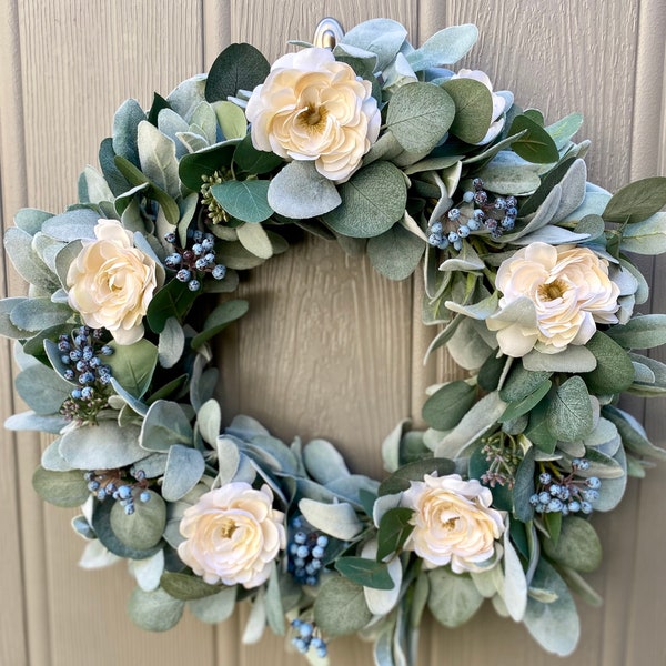 Spring Lamb’s Ear Wreath with Cream Ranunculus  and Berries, Farmhouse Wreath, Year Round Wreath, Wedding Wreath, Housewarming Gift