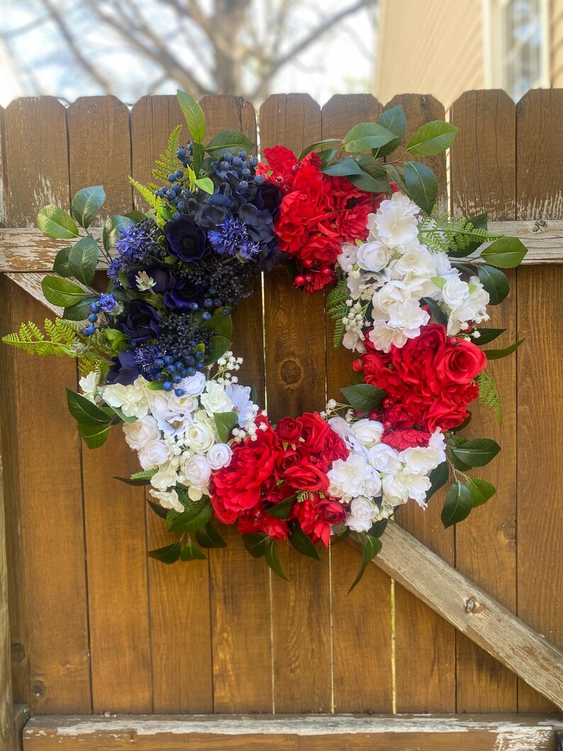 Patriotic Summer Wreath for Front Door, Flag Wreath, Red White & Blue ...