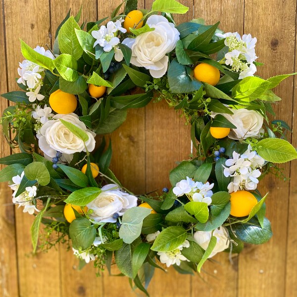 Front Porch Wreaths, Spring Wreath, Lemons and Blueberry Wreath, Yellow Lemons Wreath, Boxwood and Lemons, Summer Door Decor, Housewarming