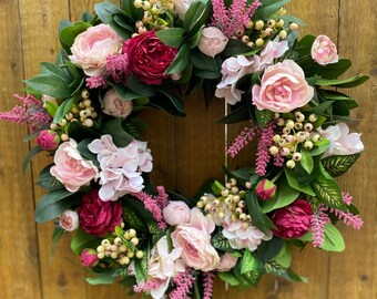 Summer Wreath for Front Door, Pink Ranunculus Flowers, Hydrangea Wreath, Farmhouse Decor, Entry Way Wreath, Gift for Mom