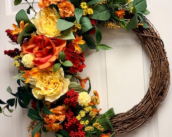 Flower Spring Wreath for Front Door, Farmhouse Lambs Wreath, Peonies Wreath, Pink Wreath, Mothers Day wreath, Spring Wreath for Front Door