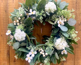 Greenery Wreath for Front Door, Year Round Wreath, Spring Wreath, Dogwood Flowers White Berries, Spring Wedding Gift, Housewarming Gift