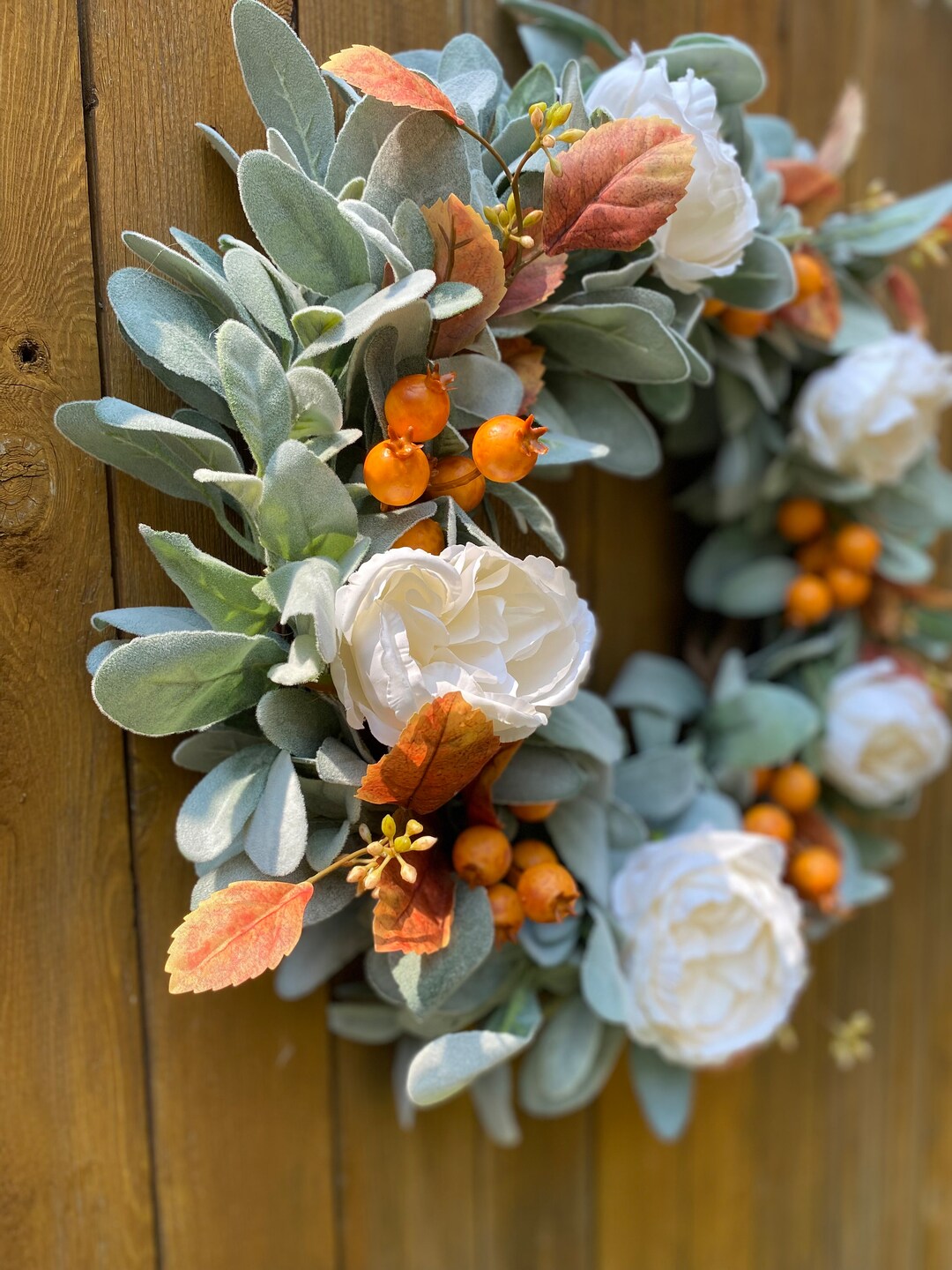 Fall Lamb’s Ear Wreath, Fall Foliage, Cabbage Rose and Orange Berries ...