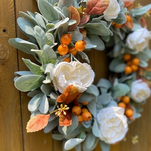 Fall Lamb’s Ear Wreath, Fall Foliage, Cabbage Rose and Orange Berries Wreath, Autumn Wreath For Front Door, Neutral Fall Wreath