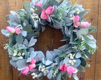 Lamb’s Ear Wreath, Farmhouse Wreath, Greenery Wreath, Year Round Wreath, Front Door Wreath, Wedding Wreath, Spring Decor, Pink or Purple