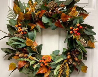 Eucalyptus Foliage Fall Wreath for Front Door, Modern Farmhouse Greenery Wreath, Year Round Wreath, Fall Decor, Autumn Greenery Wreath, Gift