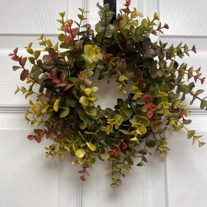 May include: A decorative eucalyptus wreath with green, yellow, and red leaves. The wreath is hanging on a white door. The leaves are arranged in a circular shape, creating a natural and inviting look.