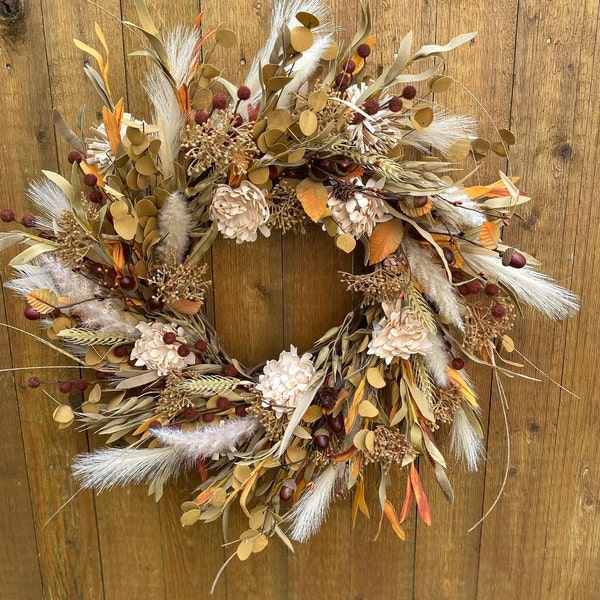 Fall Pampas Grass and Foliage Wreath, Beige and Mustard Boho Wreath, Fox Tails and Wheat Wreath, Fall Decor, Housewarming Gift