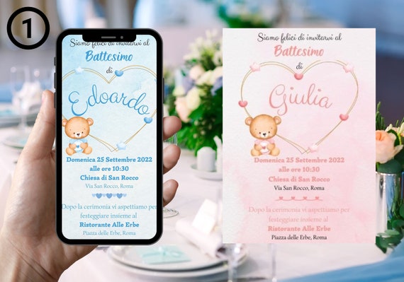 Invito digitale Battesimo, Invito Battesimo, File DIGITALE, Invito Whatsapp, Battesimo, Orsetto, Invito Orsetto
