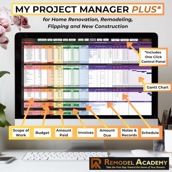 MY PROJECT MANAGER Plus / Pianificatore di ristrutturazioni domestiche / Foglio di calcolo Excel / Perfetto per ristrutturazioni, rimodellamenti, ribaltamenti e nuove costruzioni di case