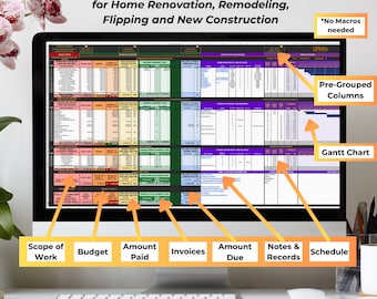 May include: A computer screen displaying a spreadsheet with a project management template for home renovation, remodeling, flipping, and new construction. The spreadsheet includes columns for scope of work, budget, amount paid, invoices, amount due, notes and records, and a Gantt chart. The spreadsheet is titled "My Project Manager Pro*" and includes the text "*No Macros needed" and "Pre-Grouped Columns".