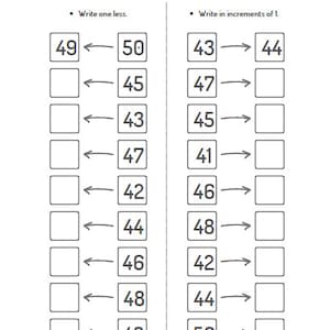 Pu&ograve; includere: Un foglio di lavoro con il titolo "Aumenta - Diminuisci 40 - 50" e istruzioni per scrivere uno in meno e scrivere in incrementi di 1. Il foglio di lavoro ha due colonne con i numeri da 49 a 43 e da 43 a 50. Gli studenti devono riempire gli spazi vuoti con i numeri corretti.