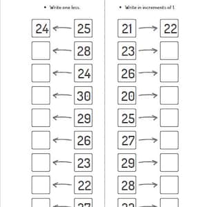 Pu&ograve; includere: Un foglio di lavoro con il titolo "Aumenta - Diminuisci 20 - 30" e istruzioni per scrivere uno in meno o in incrementi di 1. Il foglio di lavoro ha due colonne con i numeri 24, 28, 24, 30, 29, 26, 23, 22, 27 nella colonna di sinistra e 21, 23, 26, 20, 25, 27, 29, 28, 22 nella colonna di destra.