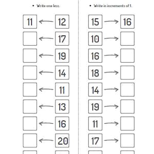 Pu&ograve; includere: Un foglio di lavoro con due colonne di problemi di matematica. La colonna di sinistra chiede agli studenti di scrivere uno in meno del numero dato. La colonna di destra chiede agli studenti di scrivere in incrementi di 1. I numeri vanno da 10 a 20.