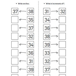 Pu&ograve; includere: Un foglio di lavoro in bianco e nero con il titolo "Aumenta - Diminuisci 30 - 40". Il foglio di lavoro ha due colonne con istruzioni per scrivere uno in meno e scrivere in incrementi di 1. Il foglio di lavoro ha caselle vuote da riempire con i numeri.
