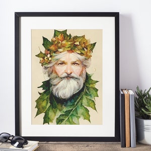 Holly King Pagan Santa Watercolor Printable Digital Art, Pagan Christmas Decoration, Yule Wall Art