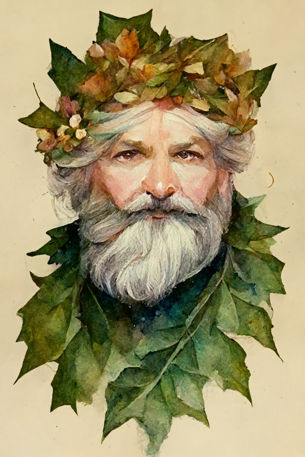 Holly King Pagan Santa Watercolor Printable Digital Art, Pagan