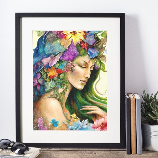 Goddess Gaia Watercolor Digital Printable Wall Art, Greek Earth Goddess, Pagan Elemental Deity