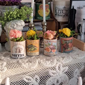 Miniature Dollhouse Flower in Metal Jar: 1/12 Scale Kitchen Decor