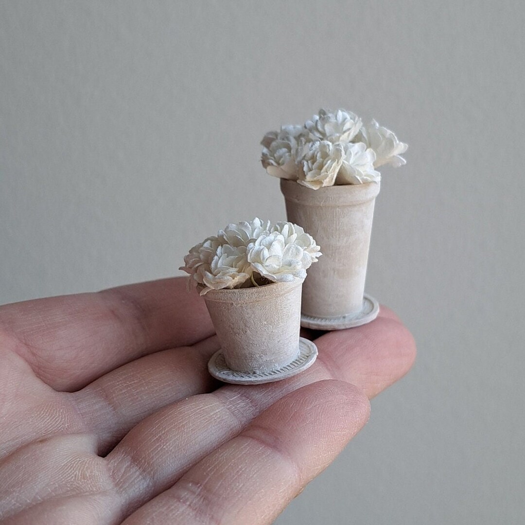 1/12 Scale Miniature Potted Plants 2Pcs - Dollhouse Accessories White Decor