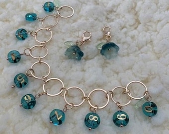 Contatore di fila di cristalli color verde acqua, segnapunti a forma di fiore di giglio, accessori per maglieria