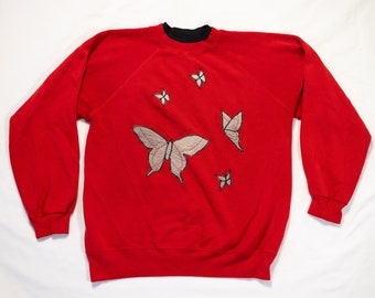 Vintage Embroidered Butterfly Sweatshirt Pullover Retro Grandma Sweater