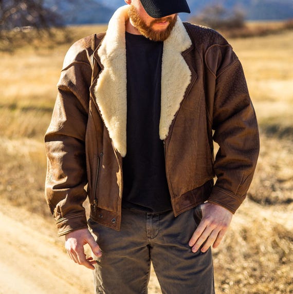 Vintage Midway Bomber Style Genuine Brown Leather Jacket Aviation