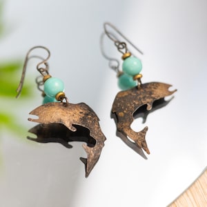 Metal Trout Fish Dangle Earrings with Turquoise Toned Bead