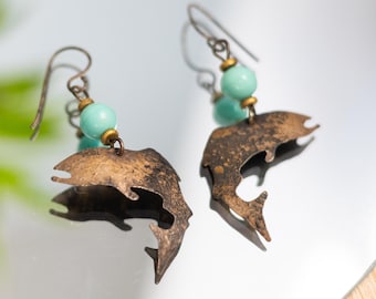 Metal Trout Fish Dangle Earrings with Turquoise Toned Bead