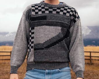 Vintage 80s Geometric Sweater: Gabrielle Acrylic Knit with Leather Trim, Size Small