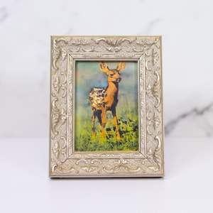 Mini carte postale encadrée vintage de Yellowstone au Montana, cadre argenté orné de cerf mulet, décor animalier