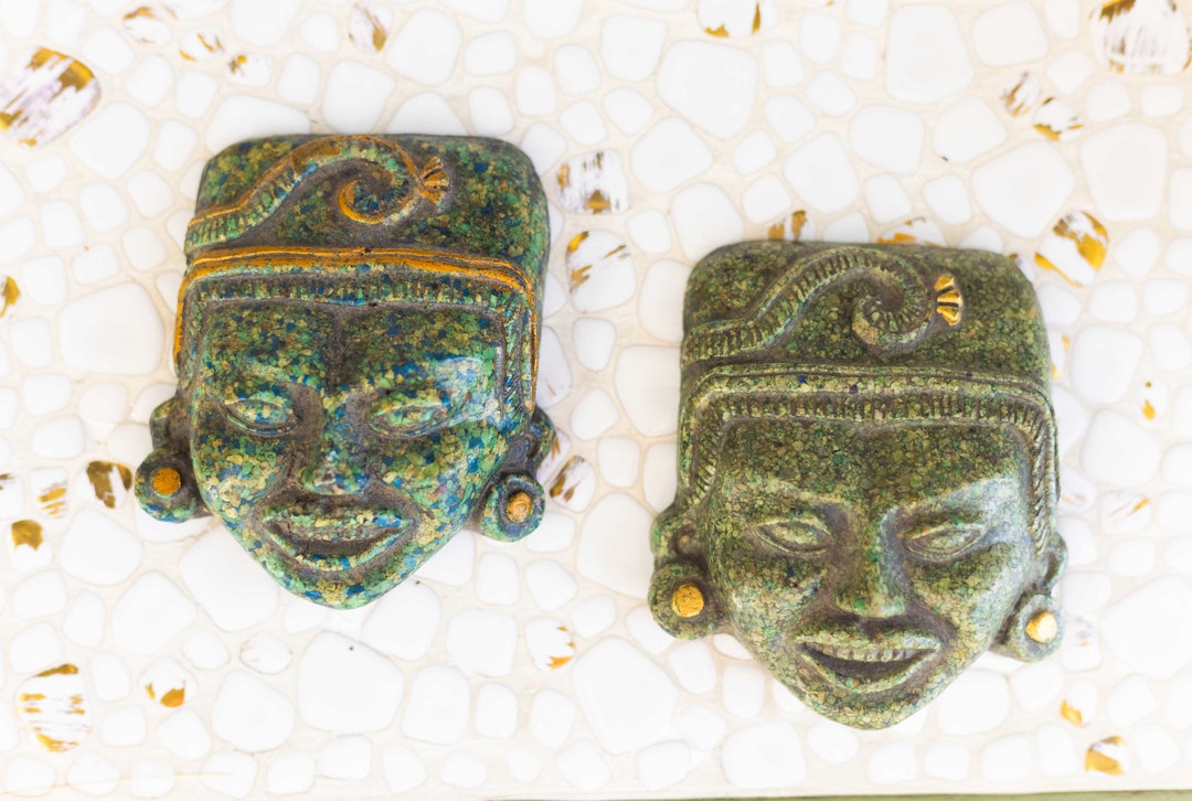 Vintage Zarebski Aztec Mayan Crushed Malachite Stone Heads Sculptures ...