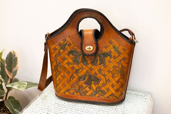 Vintage 80s Tooled Leather Handbag / Handmade Han… - image 1