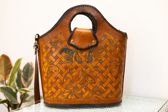 Vintage 80s Tooled Leather Handbag / Handmade Han… - image 3