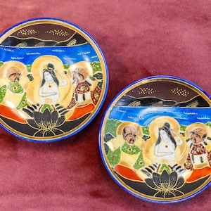 Antique Japanese Shimazu Plates Satsuma Moriage Vintage Hand Painted Gold Porcelain Plates Kannon Rakans Immortals Shimazu Family Crest
