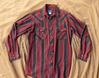 Vintage Wrangler Western Flannel Shirt – Pearl Snap Button Up, Burgundy/Black/Purple, Men’s L